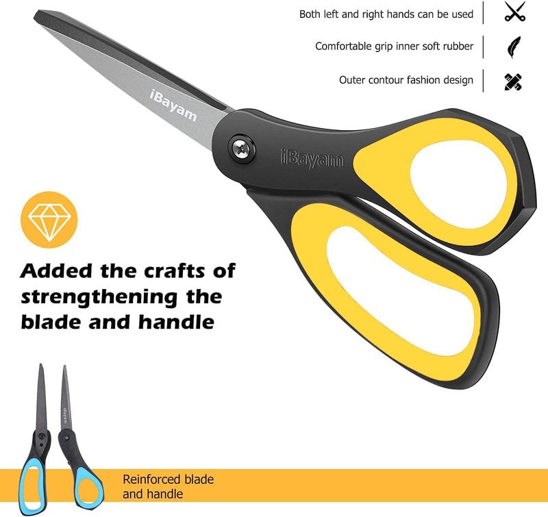 iBayam Scissors, iBayam 3 Pack 8" All Purpose Nonstick Scissors, 2.5MM Thickness Titanium Blades with Comfort Grip, Heavy Duty Shears for Office School Home Classroom General Use Art and Craft DIY Supplies - Image 4